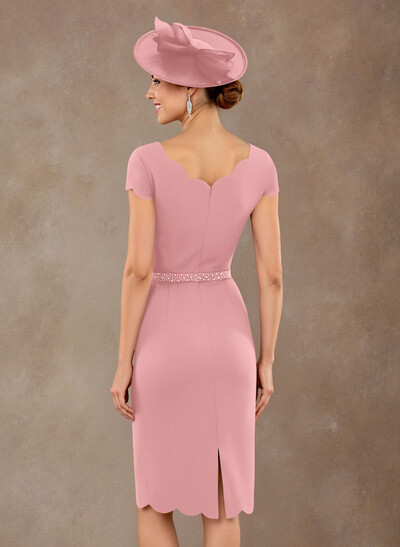 Scalloped Edge Neckline Short Sleeves Knee-Length Elastic Satin Mother Of The Bride Dresses With Beading