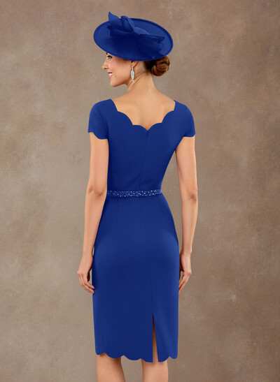 Scalloped Edge Neckline Short Sleeves Knee-Length Elastic Satin Mother Of The Bride Dresses With Beading