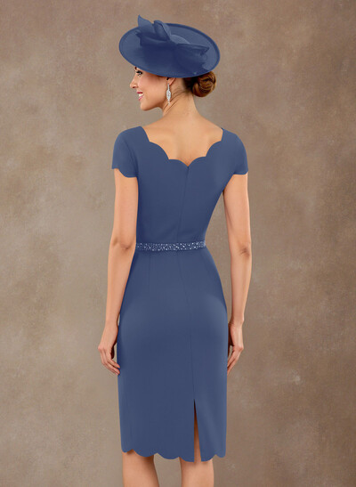 Scalloped Edge Neckline Short Sleeves Knee-Length Elastic Satin Mother Of The Bride Dresses With Beading