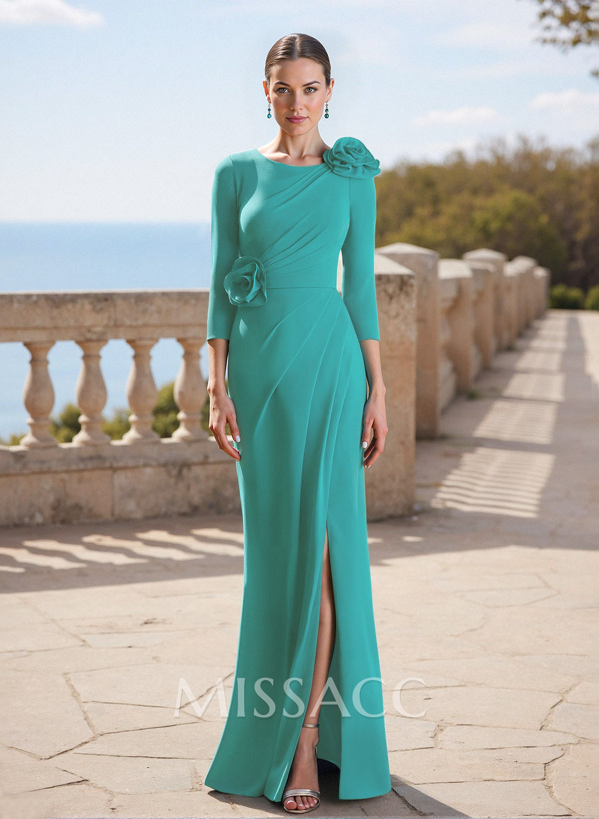 Flower(s) Scoop Neck 3/4 Sleeves Split Front Sweep Train Stretch Chiffon Mother Of The Bride Dresses