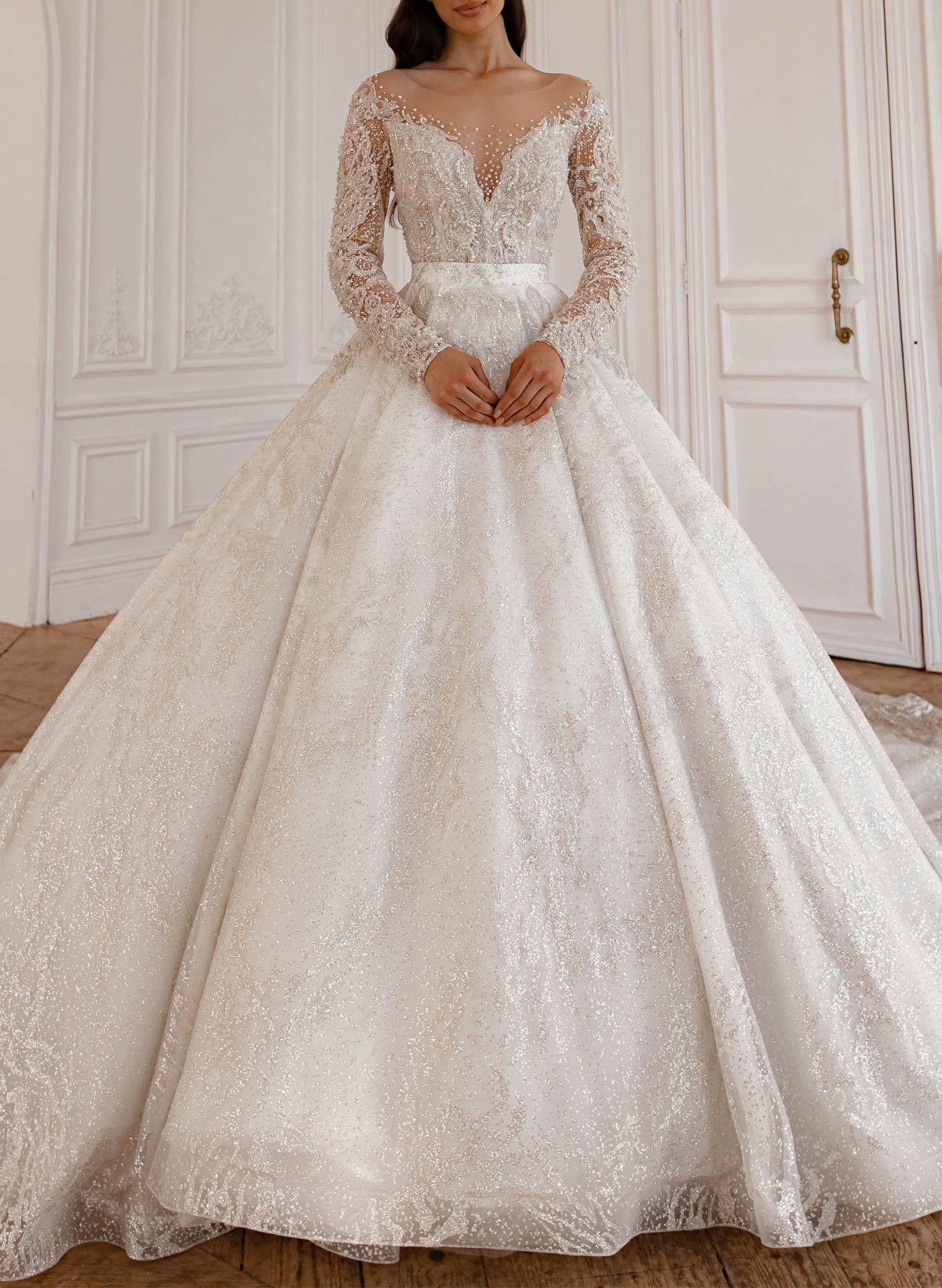 Luxury Illusion Neck Long Sleeves A-Line Detachable Satin/Tulle With Beading/Sequins