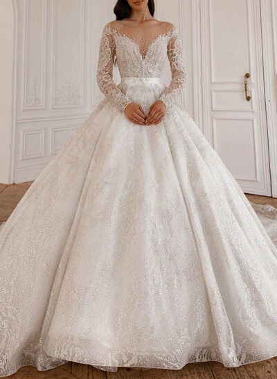 Luxury Illusion Neck Long Sleeves A-Line Detachable Satin/Tulle With Beading/Sequins