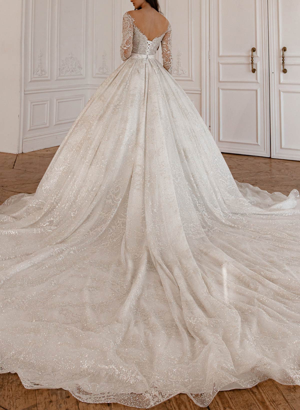 Luxury Illusion Neck Long Sleeves A-Line Detachable Satin/Tulle With Beading/Sequins