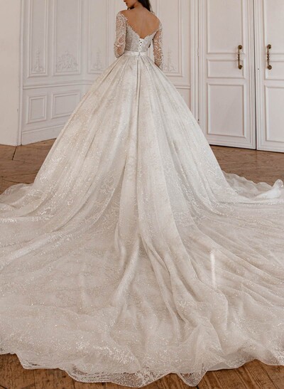 Luxury Illusion Neck Long Sleeves A-Line Detachable Satin/Tulle With Beading/Sequins