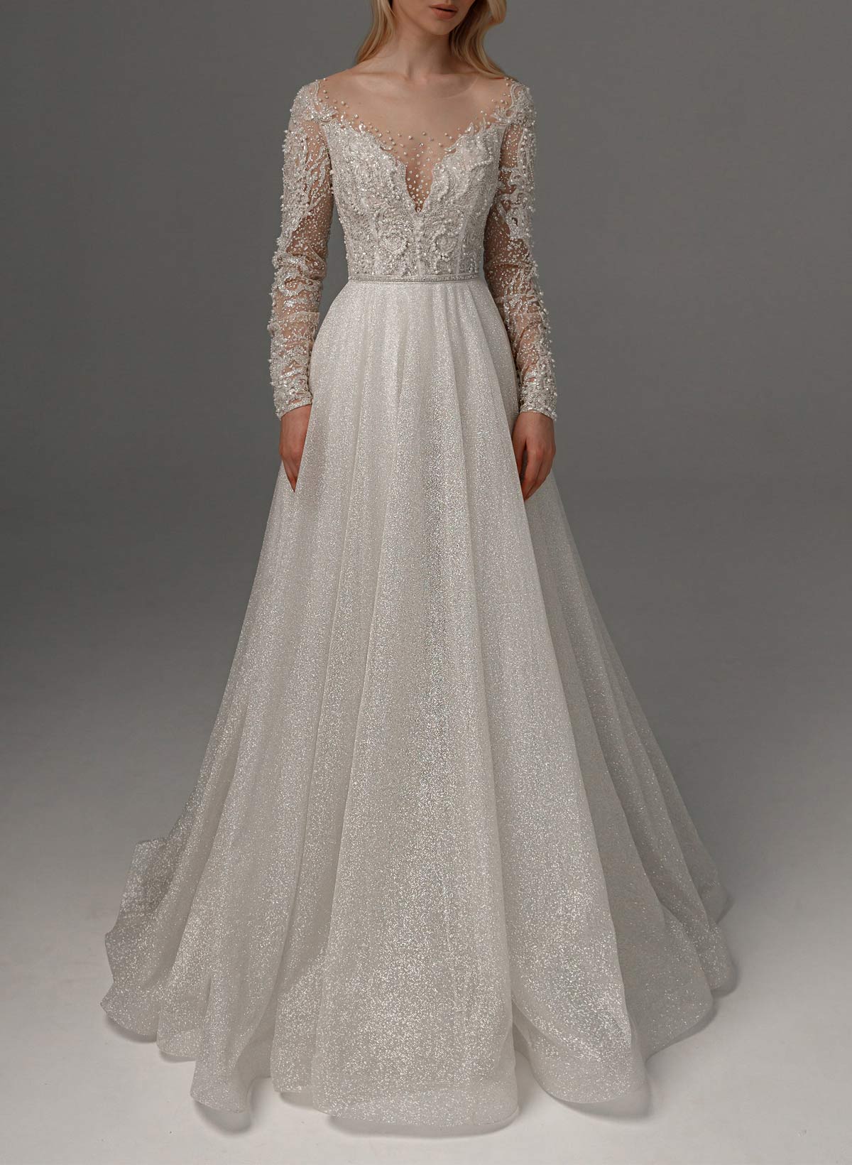 Luxury Illusion Neck Long Sleeves A-Line Detachable Satin/Tulle With Beading/Sequins