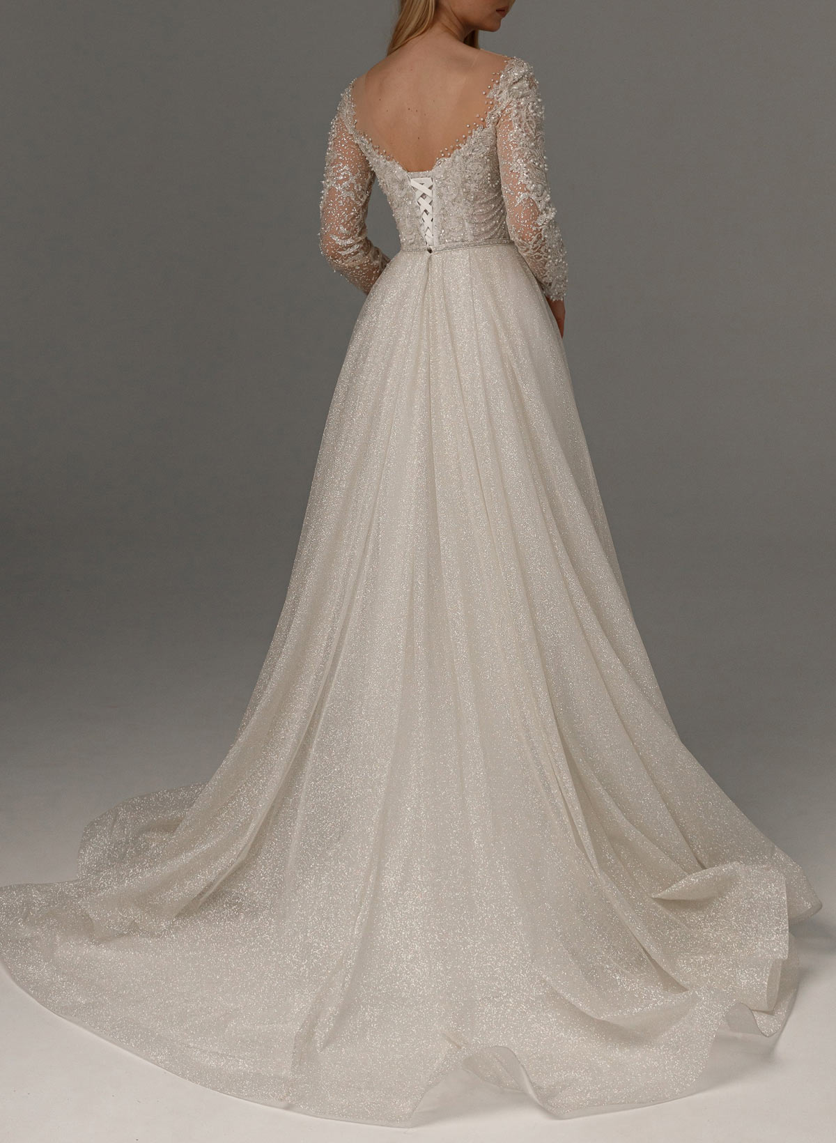 Luxury Illusion Neck Long Sleeves A-Line Detachable Satin/Tulle With Beading/Sequins