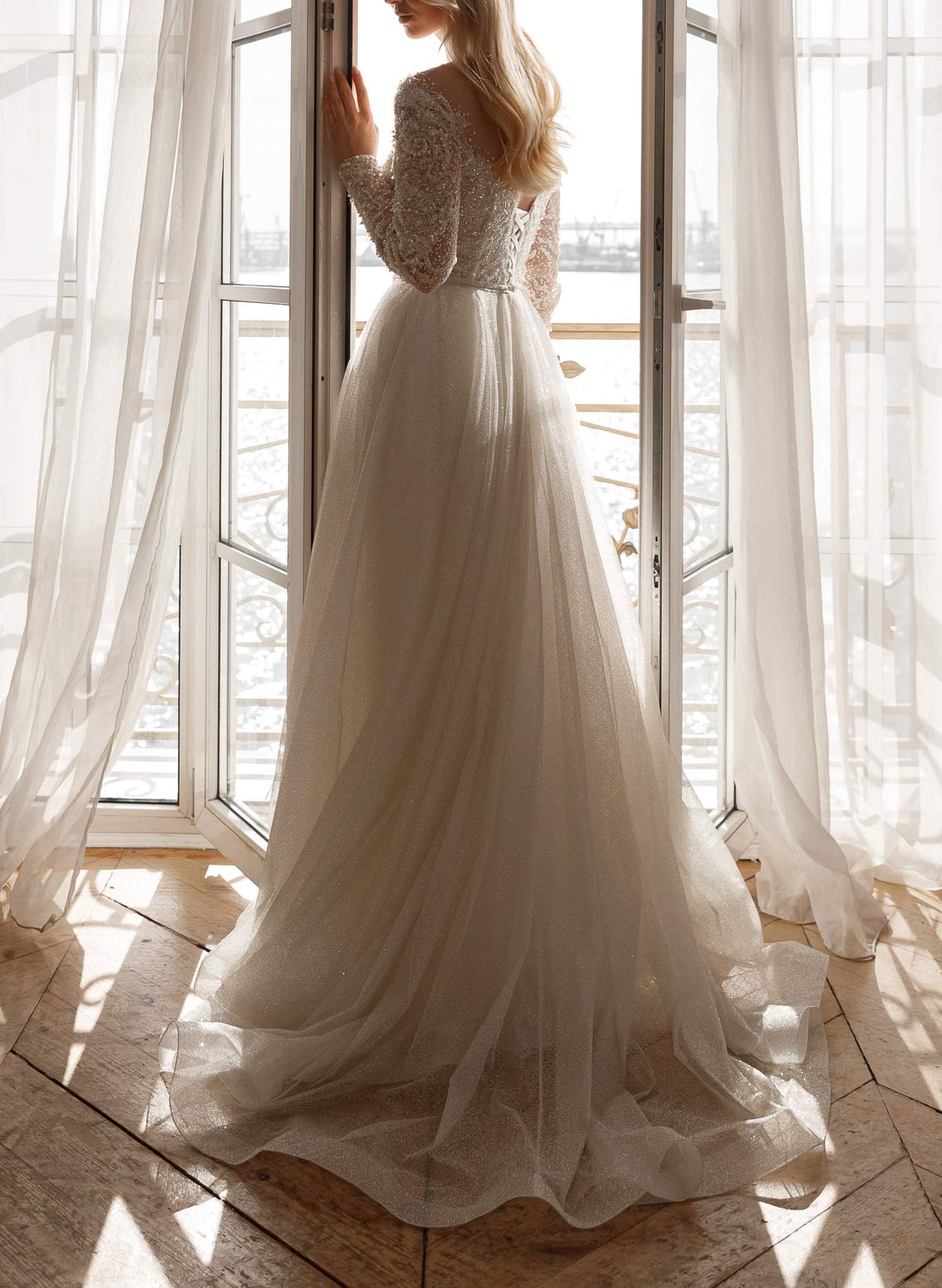 Luxury Illusion Neck Long Sleeves A-Line Detachable Satin/Tulle With Beading/Sequins