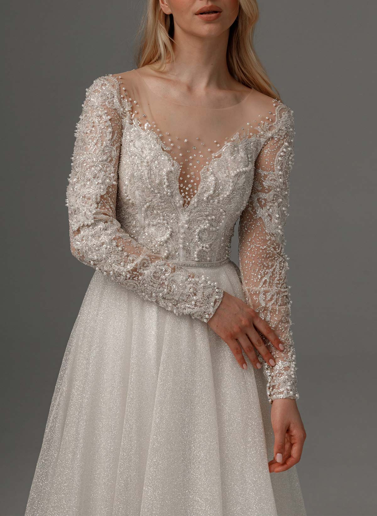 Luxury Illusion Neck Long Sleeves A-Line Detachable Satin/Tulle With Beading/Sequins