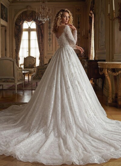 Luxury Illusion Neck Long Sleeves A-Line Detachable Satin/Tulle With Beading/Sequins