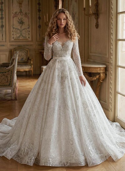 Luxury Illusion Neck Long Sleeves A-Line Detachable Satin/Tulle With Beading/Sequins