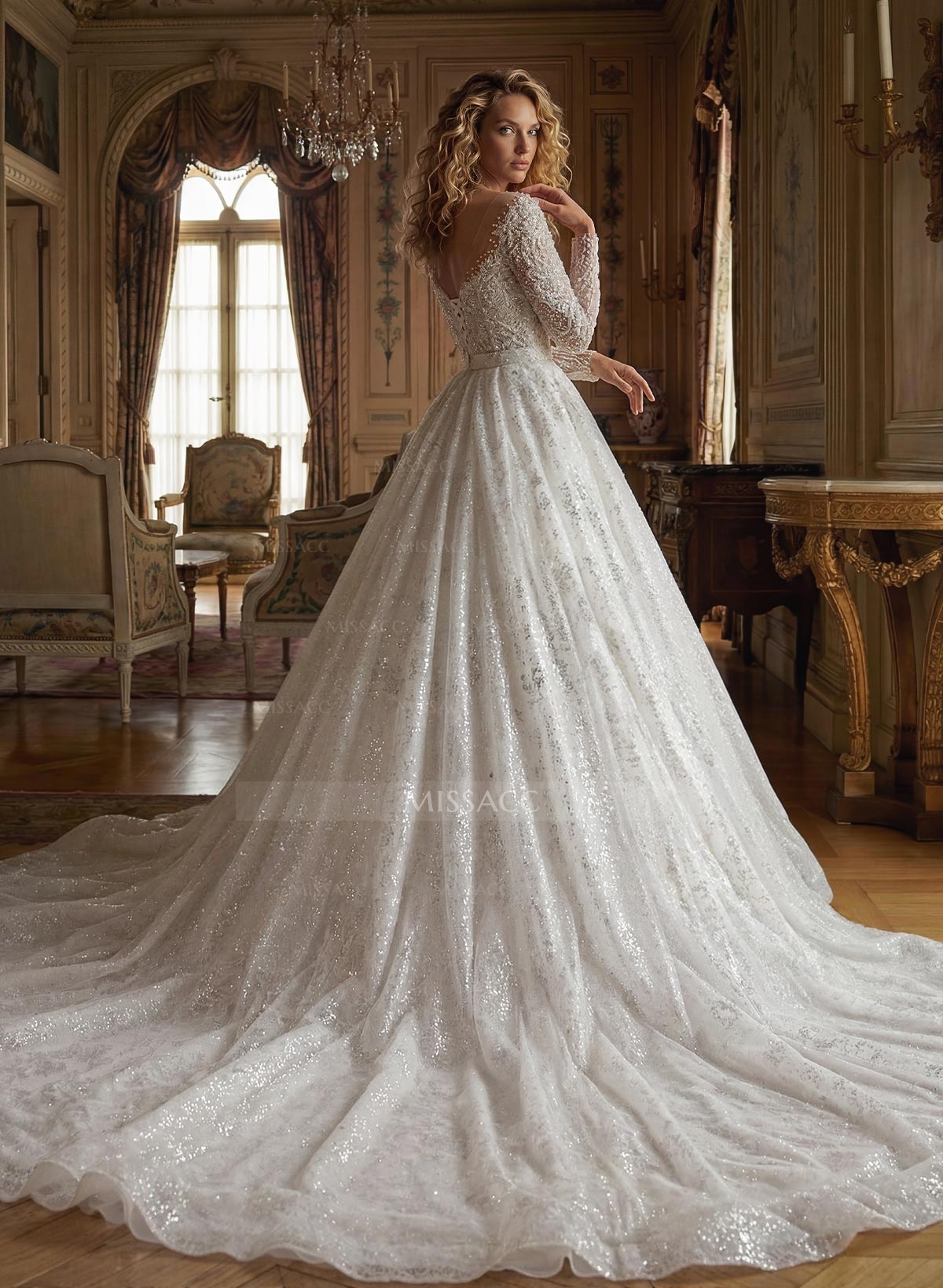 Luxury Illusion Neck Long Sleeves A-Line Detachable Satin/Tulle With Beading/Sequins