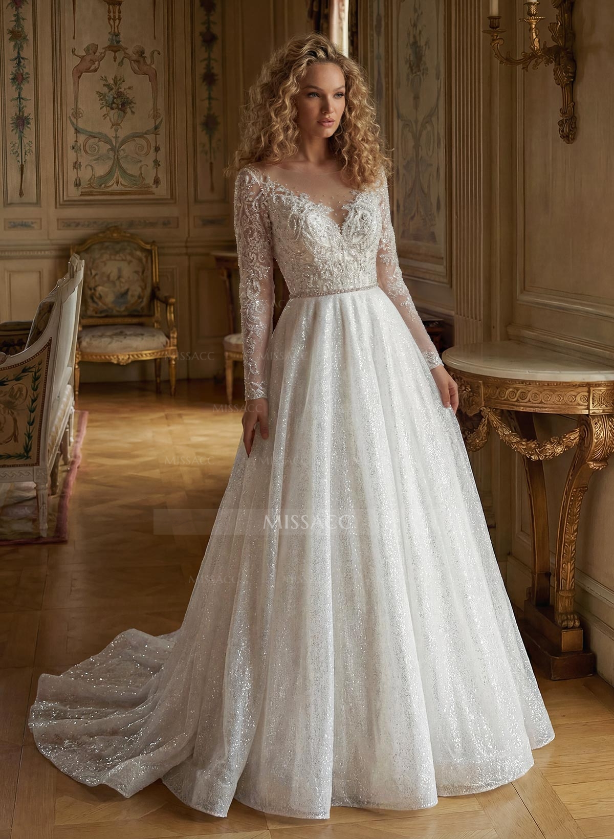 Luxury Illusion Neck Long Sleeves A-Line Detachable Satin/Tulle With Beading/Sequins