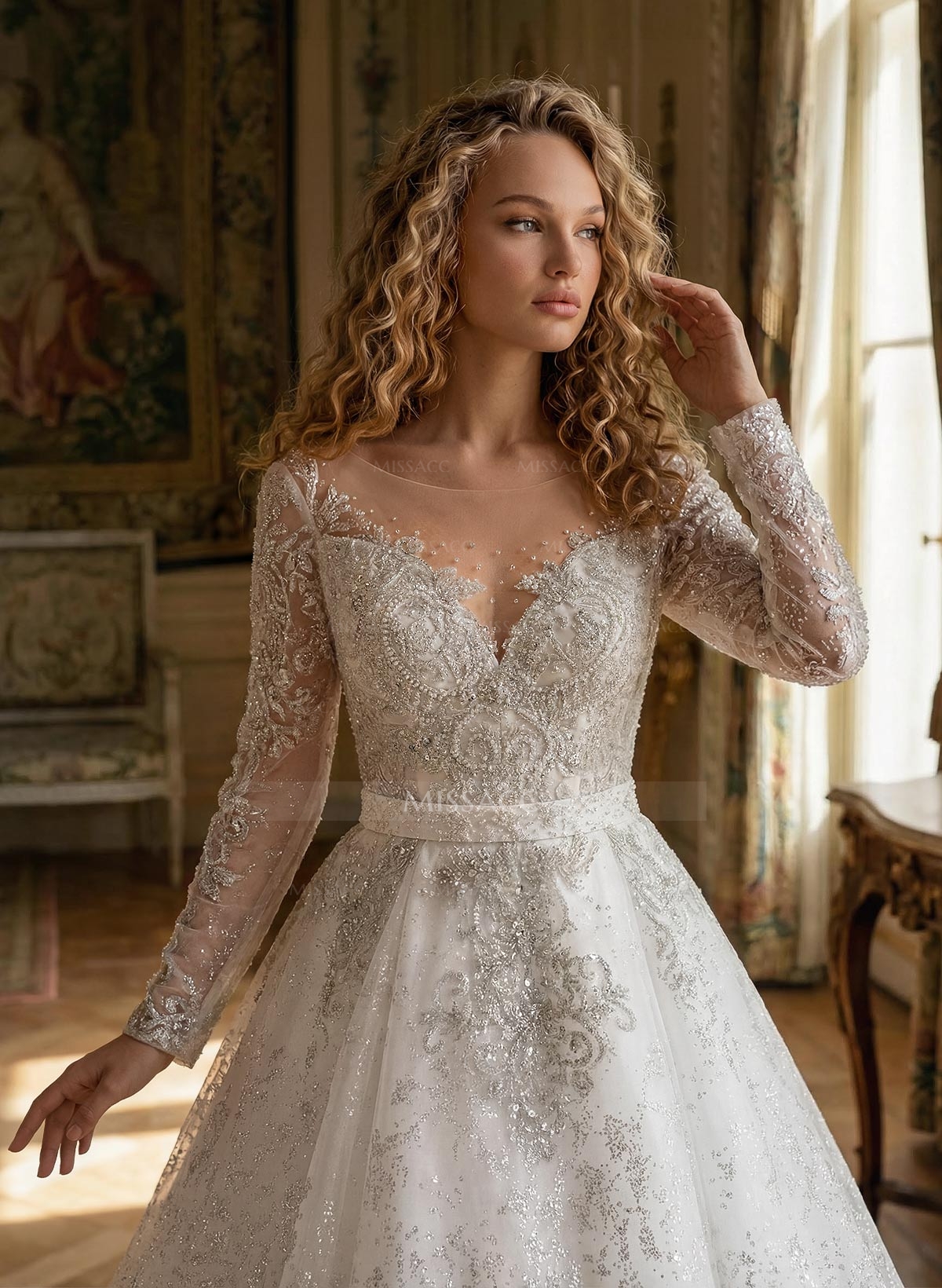 Luxury Illusion Neck Long Sleeves A-Line Detachable Satin/Tulle With Beading/Sequins