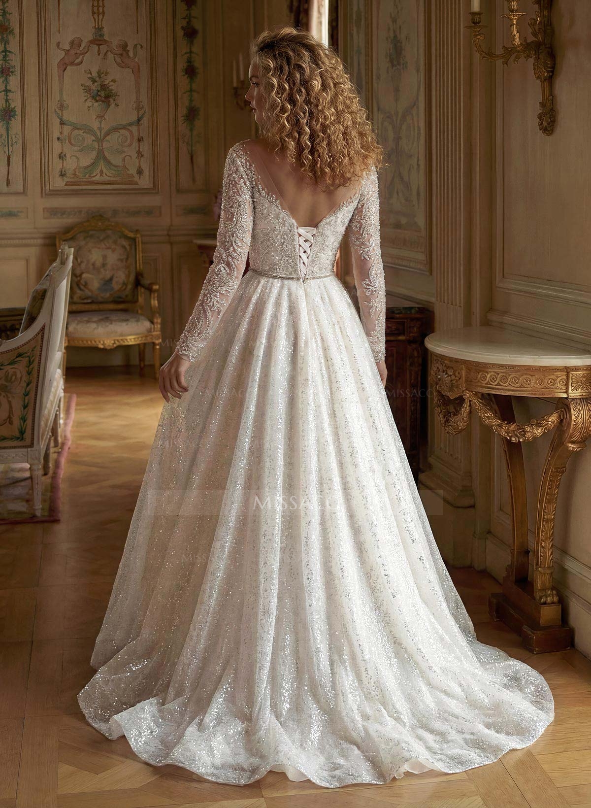 Luxury Illusion Neck Long Sleeves A-Line Detachable Satin/Tulle With Beading/Sequins