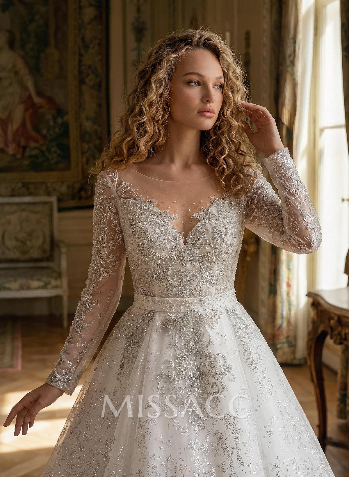Luxury Illusion Neck Long Sleeves A-Line Detachable Satin/Tulle With Beading/Sequins
