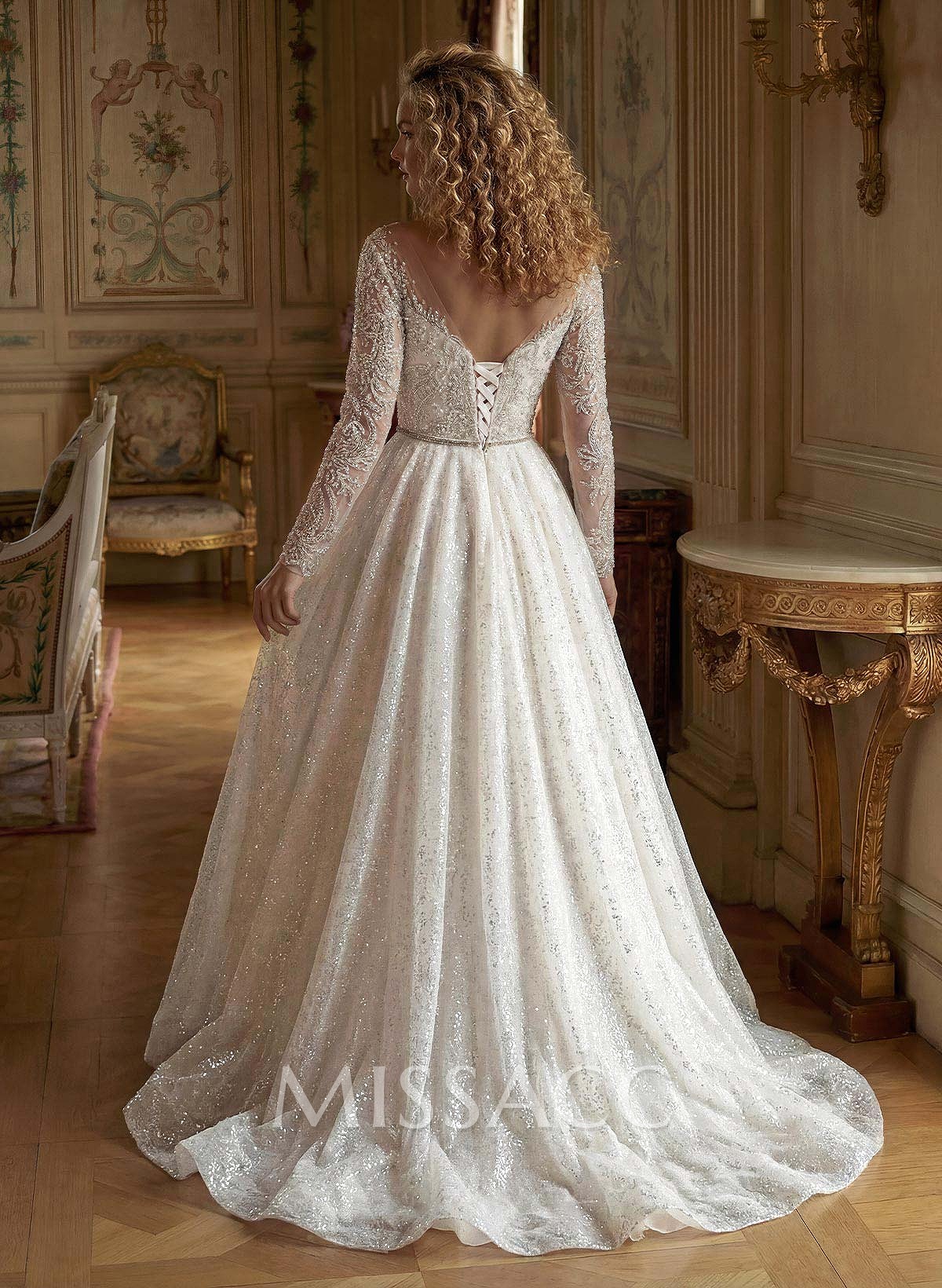 Luxury Illusion Neck Long Sleeves A-Line Detachable Satin/Tulle With Beading/Sequins