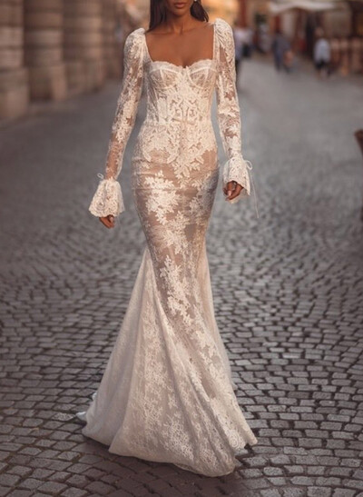 Square Neckline Long Sleeves Mermaid Court Train Lace Wedding Dresses