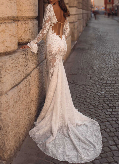 Square Neckline Long Sleeves Mermaid Court Train Lace Wedding Dresses
