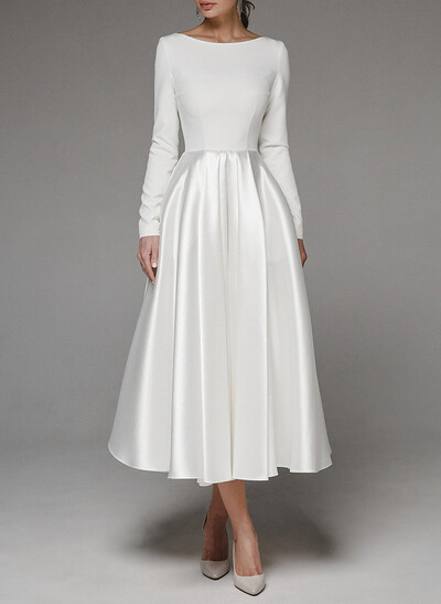 Elegant Scoop Neck Long Sleeves A-Line Tea-Length Matte Satin Wedding Dresses