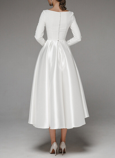 Elegant Scoop Neck Long Sleeves A-Line Tea-Length Matte Satin Wedding Dresses