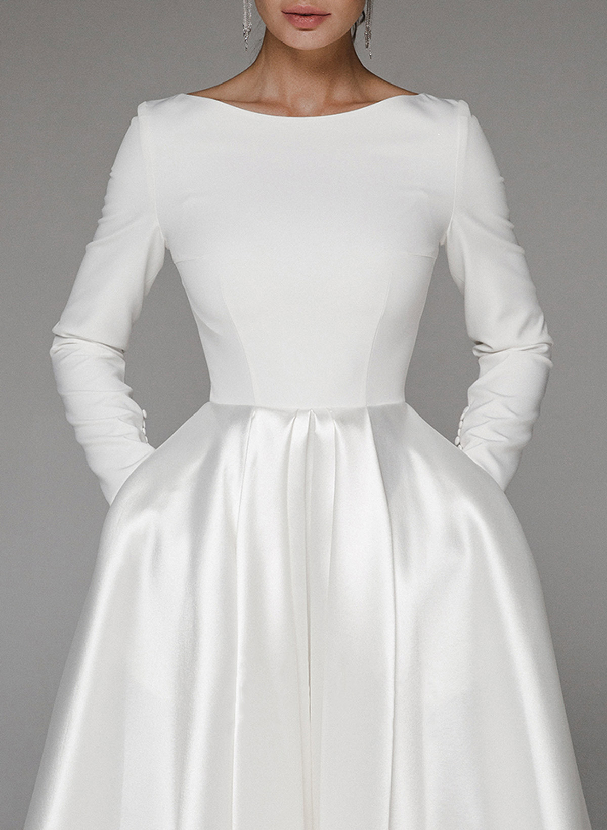 Elegant Scoop Neck Long Sleeves A-Line Tea-Length Matte Satin Wedding Dresses