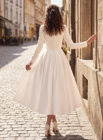 Elegant Scoop Neck Long Sleeves A-Line Tea-Length Matte Satin Wedding Dresses