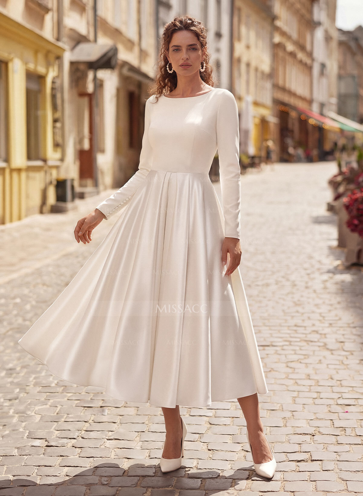 Elegant Scoop Neck Long Sleeves A-Line Tea-Length Matte Satin Wedding Dresses