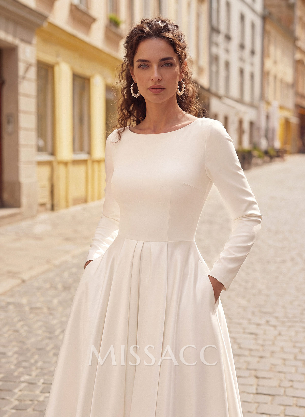 Elegant Scoop Neck Long Sleeves A-Line Tea-Length Matte Satin Wedding Dresses Elegant Scoop Neck Long Sleeves A-Line Tea-Length Matte Satin Wedding Dresses