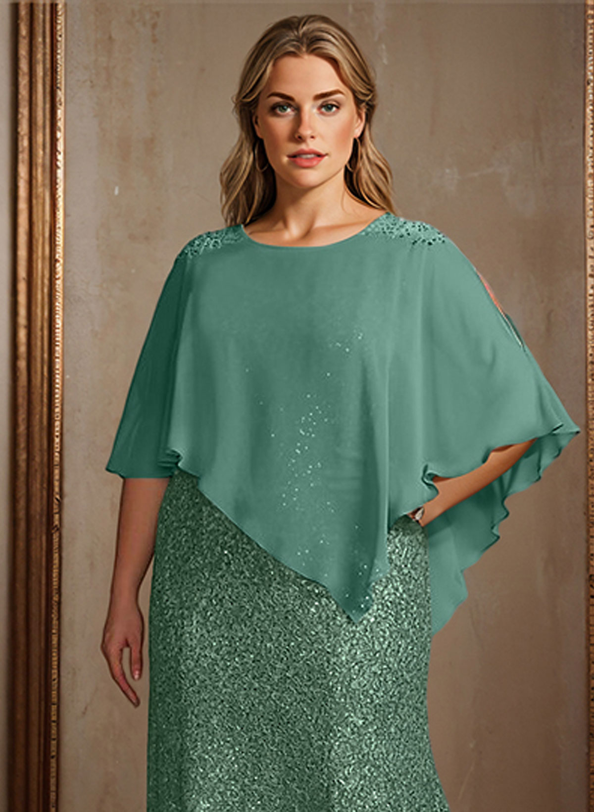 Pullover Special Occasion Scoop Neck Chiffon Cape With Sequins Embellishment