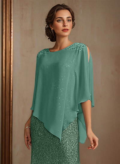 Pullover Special Occasion Scoop Neck Chiffon Cape With Sequins Embellishment