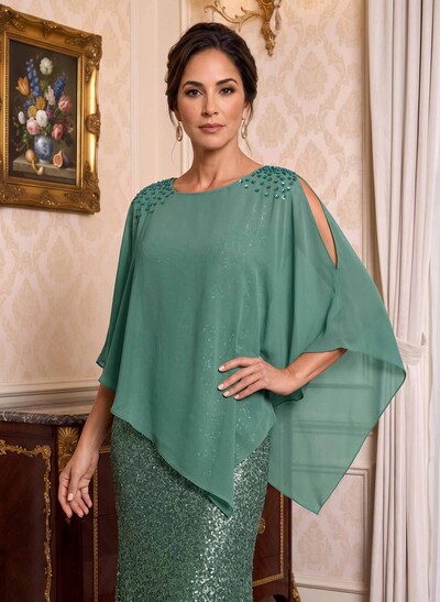 Pullover Special Occasion Scoop Neck Chiffon Cape With Sequins Embellishment