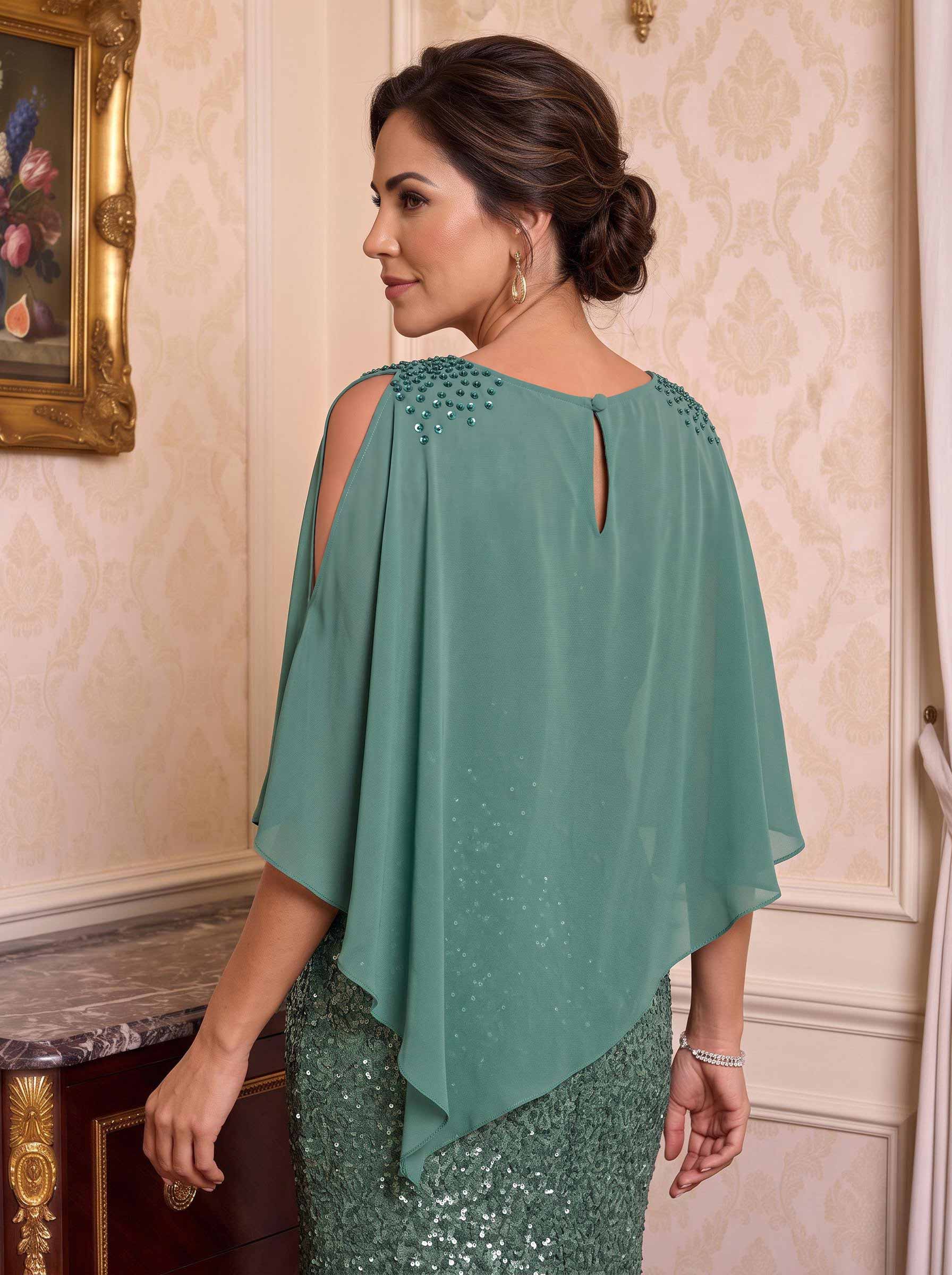 Pullover Special Occasion Scoop Neck Chiffon Cape With Sequins Embellishment Pullover Special Occasion Scoop Neck Chiffon Cape With Sequins Embellishment