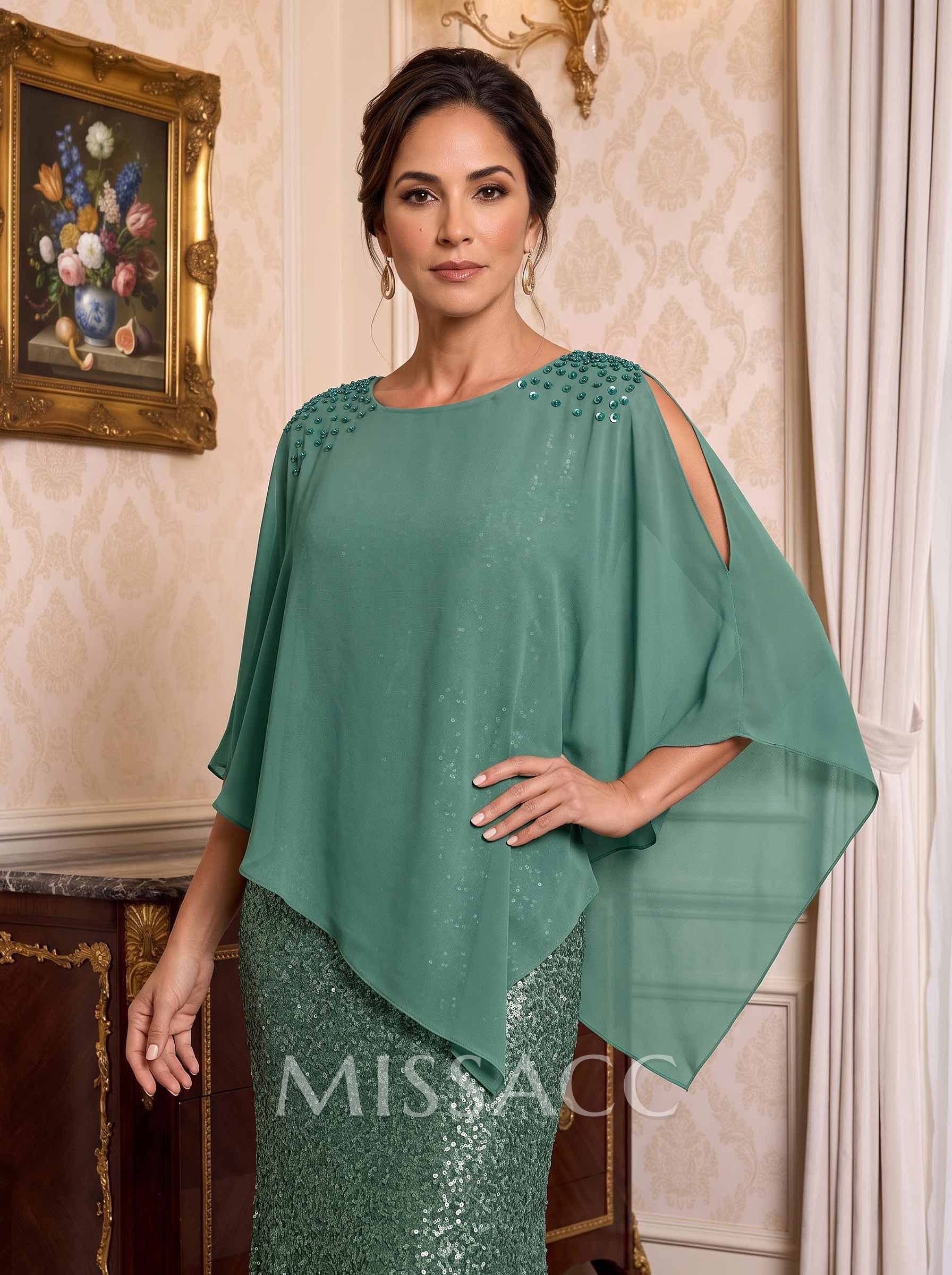 Pullover Special Occasion Scoop Neck Chiffon Cape With Sequins Embellishment
