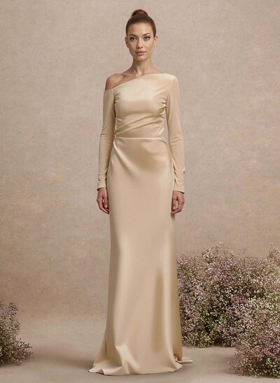 Sheath/Column One-Shoulder Long Sleeves Floor-Length Crepe Satin Bridesmaid Dresses
