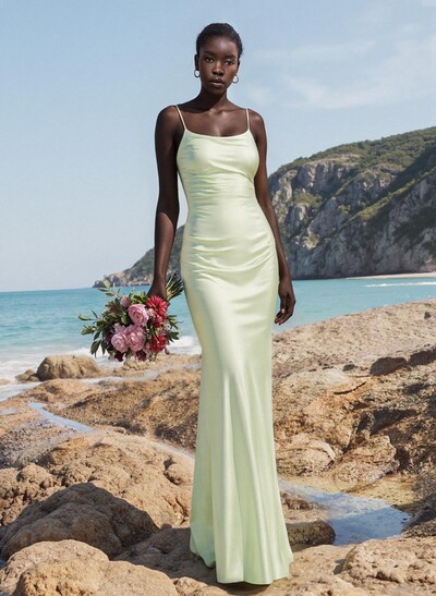 Trumpet/Mermaid Square Neckline Floor-Length Stretch Satin Bridesmaid Dresses With Back Hole