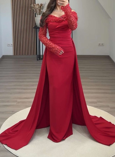 Elegant Off-The-Shoulder Lace Long Sleeves Overskirt Sweep Train Crepe Satin Evening Dresses