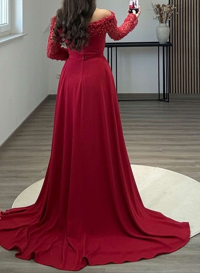 Elegant Off-The-Shoulder Lace Long Sleeves Overskirt Sweep Train Crepe Satin Evening Dresses
