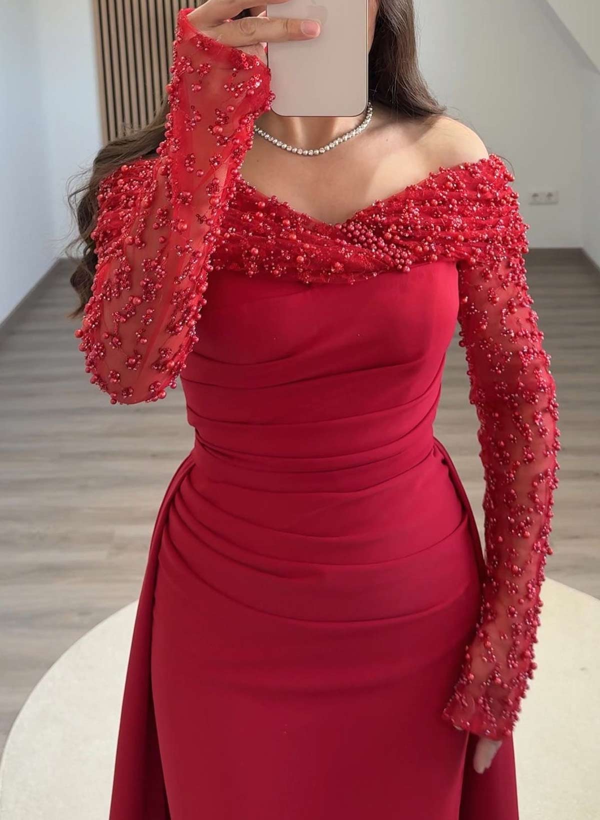 Elegant Off-The-Shoulder Lace Long Sleeves Overskirt Sweep Train Crepe Satin Evening Dresses