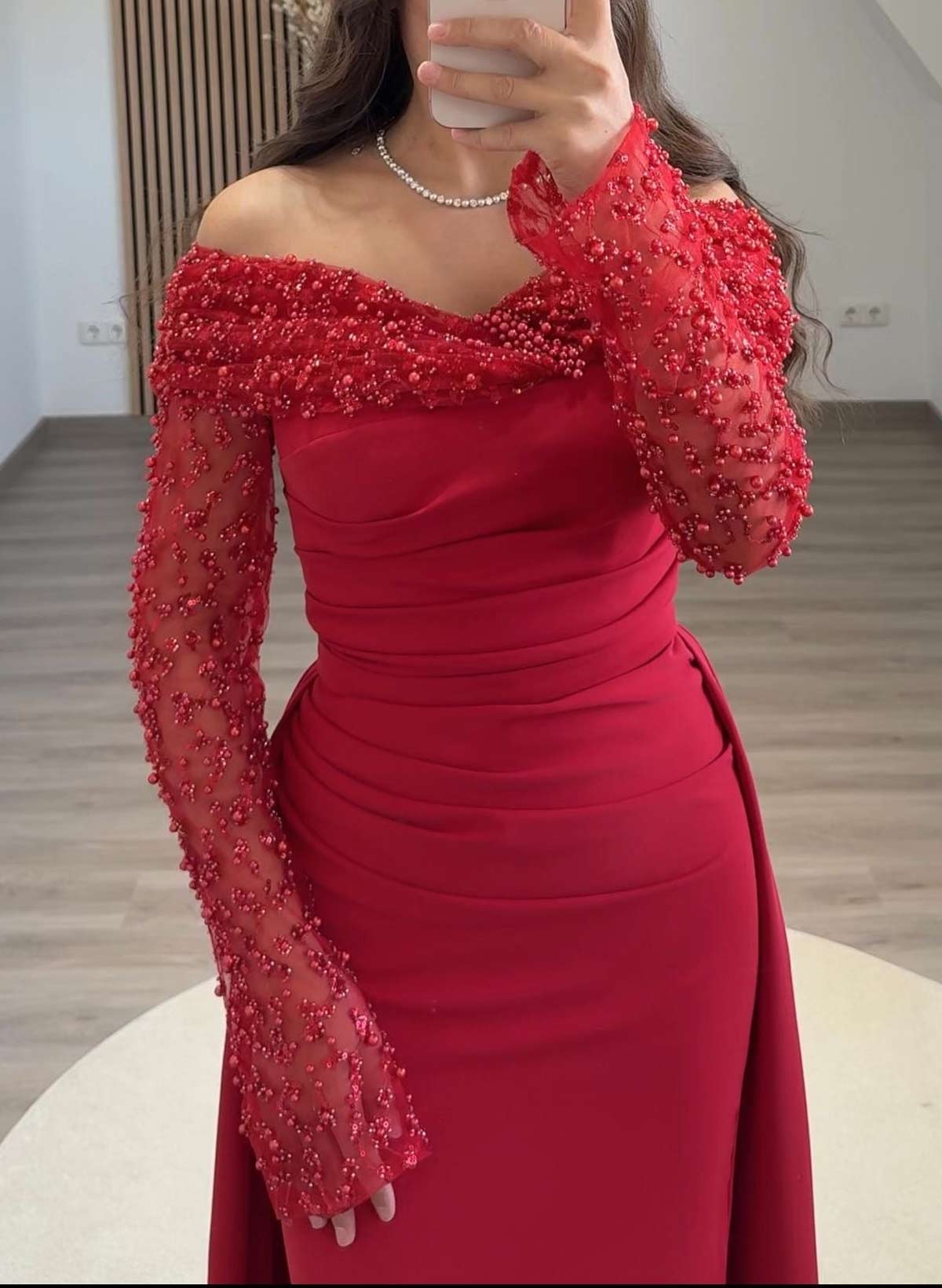 Elegant Off-The-Shoulder Lace Long Sleeves Overskirt Sweep Train Crepe Satin Evening Dresses