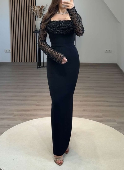 Elegant Lace Square Neckline Long Sleeves Floor-Length Crepe Satin Evening Dresses