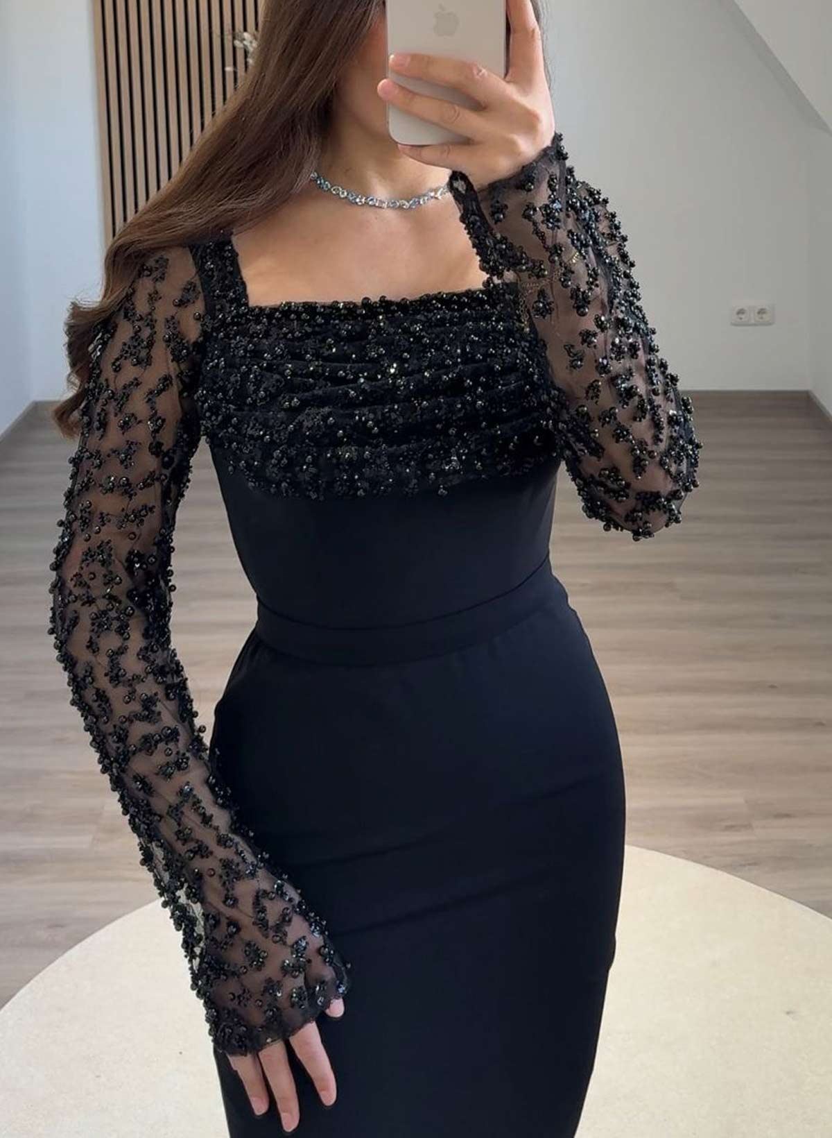 Elegant Lace Square Neckline Long Sleeves Floor-Length Crepe Satin Evening Dresses