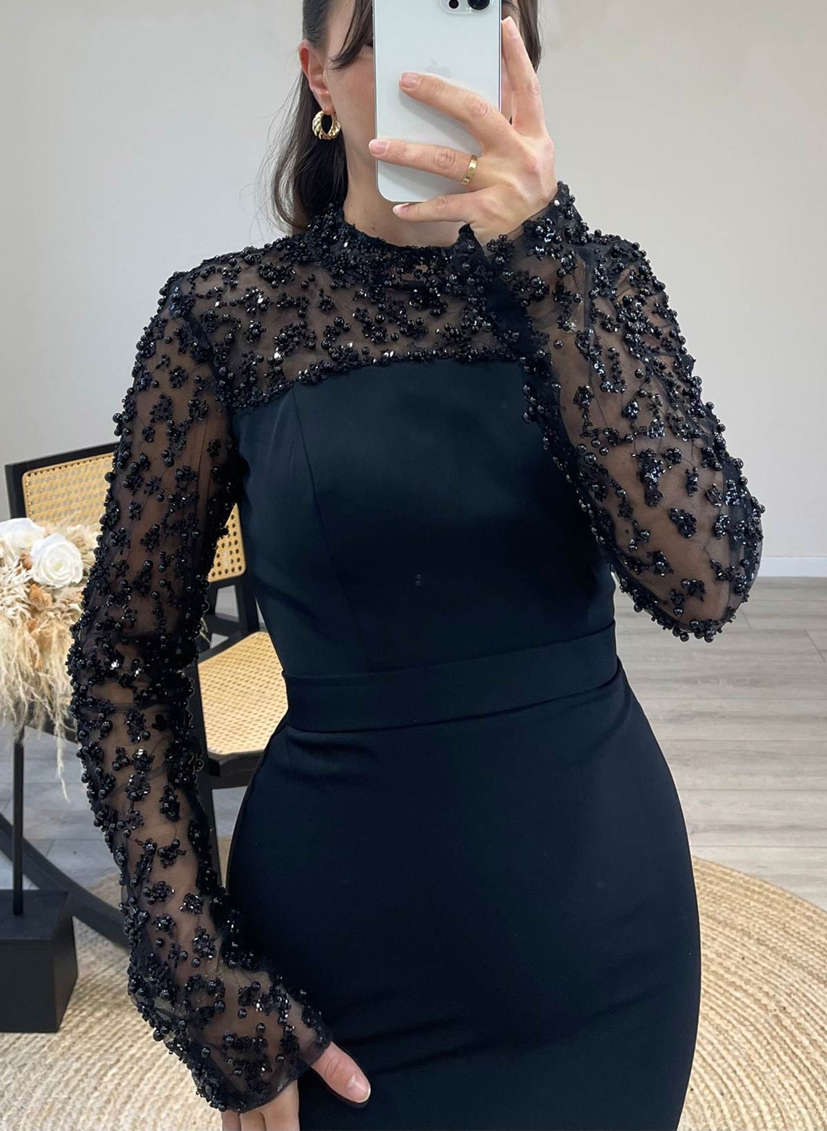 High Neck Long Sleeves Floor-Length Crepe Satin Evening Dresses With Back Slit/Beading