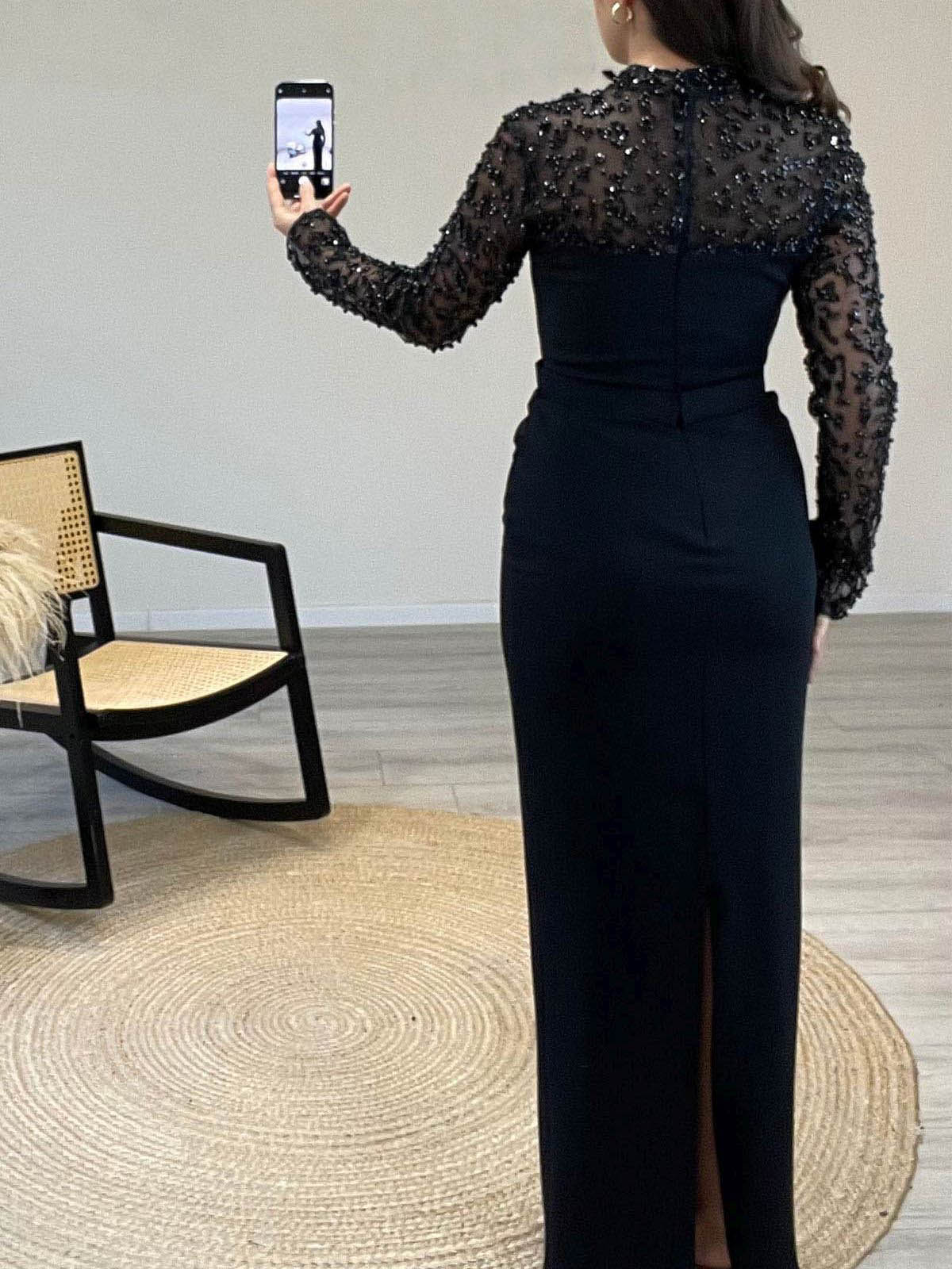 High Neck Long Sleeves Floor-Length Elastic Satin Evening Dresses With Back Slit/Beading High Neck Long Sleeves Floor-Length Elastic Satin Evening Dresses With Back Slit/Beading
