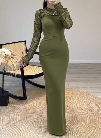 High Neck Long Sleeves Floor-Length Elastic Satin Evening Dresses With Back Slit/Beading