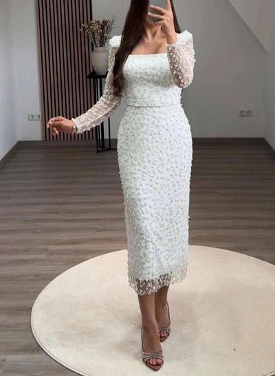 Elegant Lace Square Neckline Long Sleeves Tea-Length Crepe Satin Evening Dresses With Back Slit