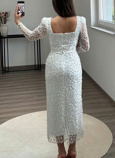 Elegant Lace Square Neckline Long Sleeves Tea-Length Crepe Satin Evening Dresses With Back Slit