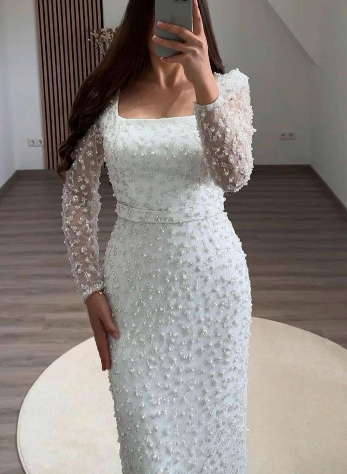Elegant Lace Square Neckline Long Sleeves Tea-Length Crepe Satin Evening Dresses With Back Slit