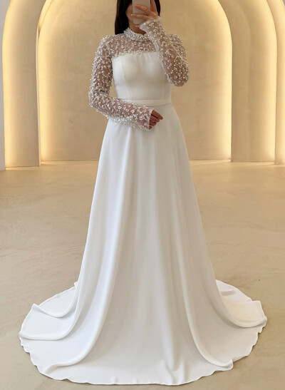 A-Line High Neck Long Sleeves Floor-Length Crepe Satin Evening Dresses With Beading