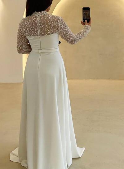 A-Line High Neck Long Sleeves Floor-Length Crepe Satin Evening Dresses With Beading