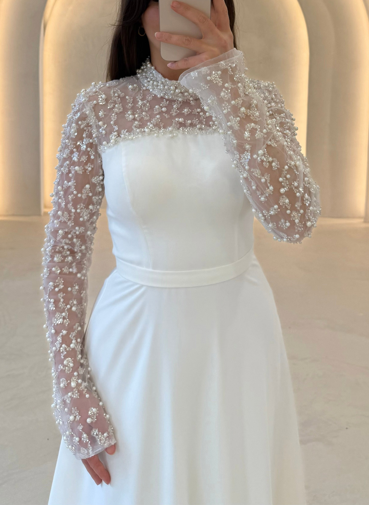 A-Line High Neck Long Sleeves Floor-Length Crepe Satin Evening Dresses With Beading